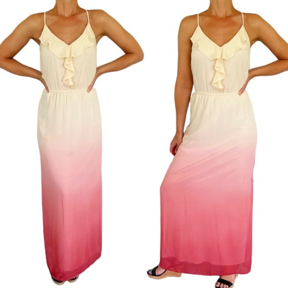 LC Lauren Conrad pink ombré spaghetti strap ruffle maxi dress size medium